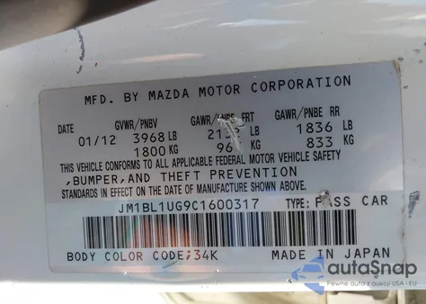 2012 Mazda Mazda3 I Sport from USA, damaged, VIN JM1BL1UG9C1600317